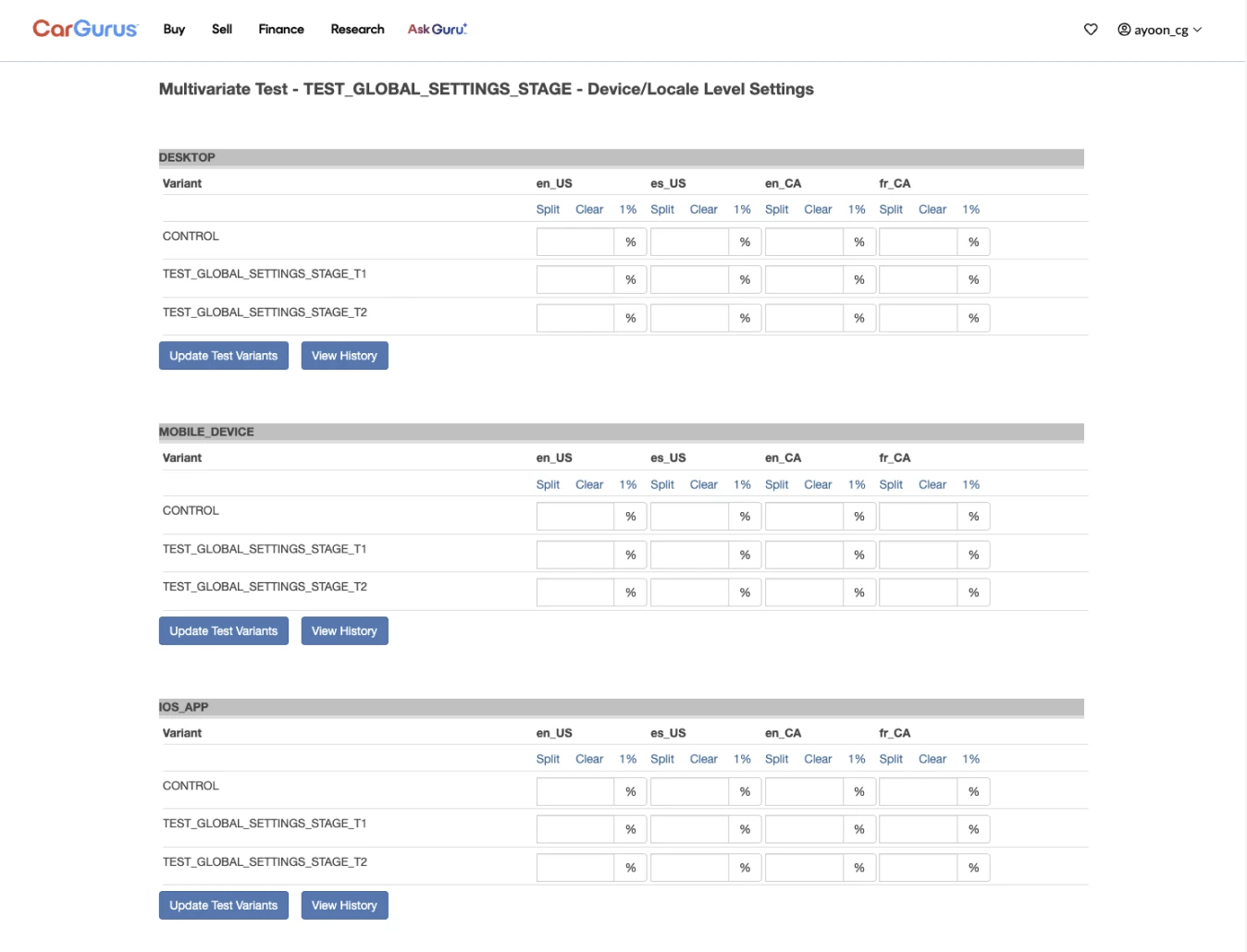 Old test detail panel with plain percentage input fields per locale and device