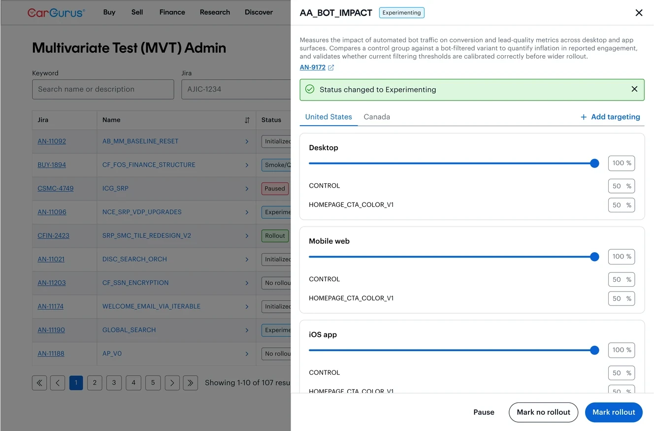 Test panel at Experimenting, ramped to 100% with Pause, Mark no rollout, and Mark rollout actions