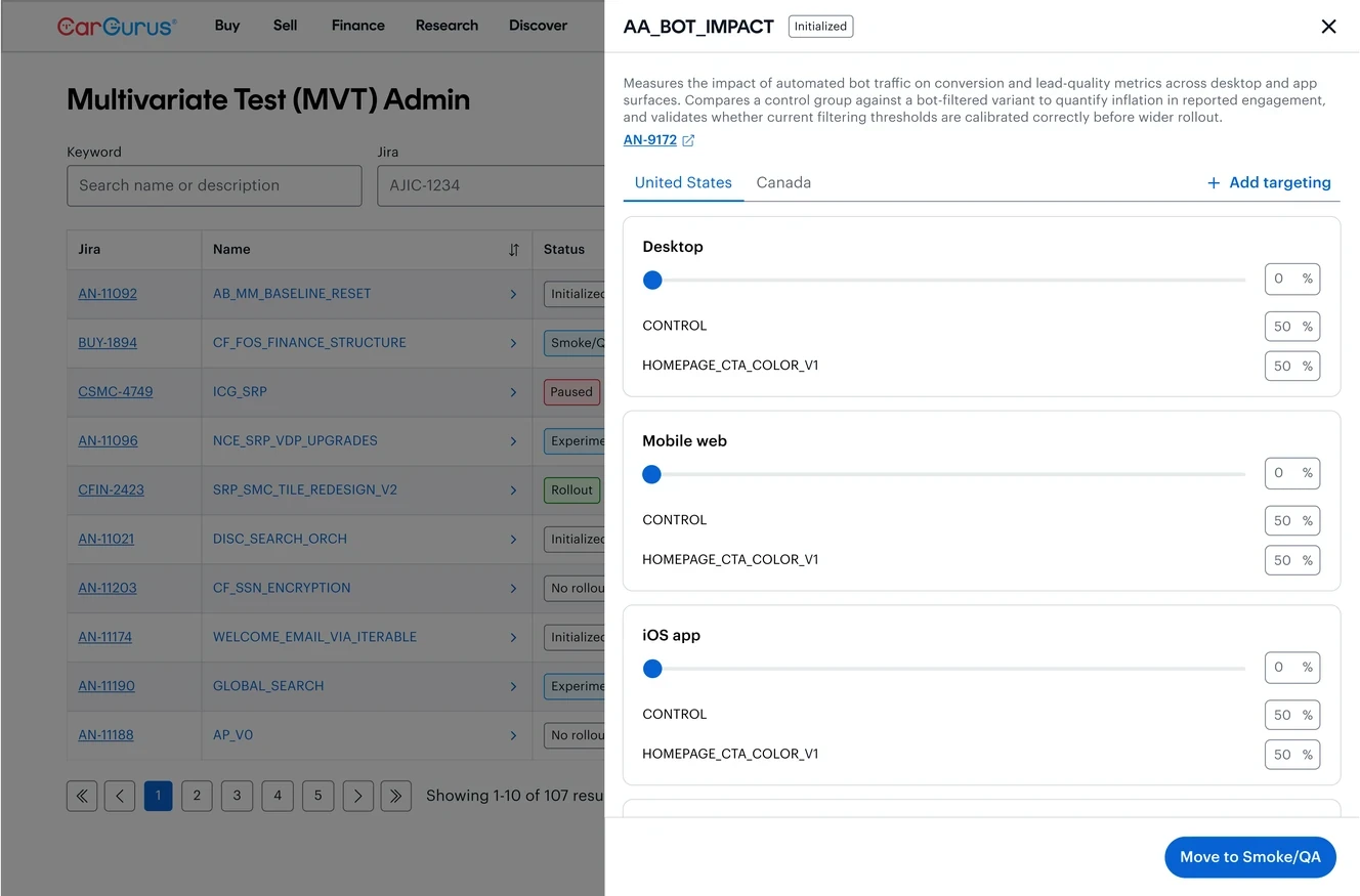 Test panel at Initialized, with a Move to Smoke/QA action