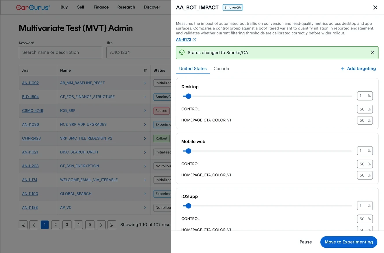 Test panel at Smoke/QA, ramped to 1% with Pause and Move to Experimenting actions