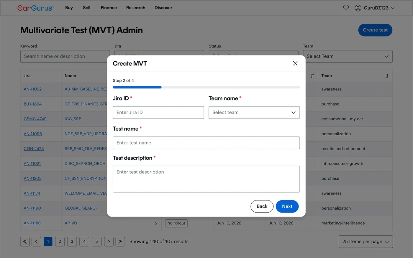 Step 2: entering test details, jira ID, and team