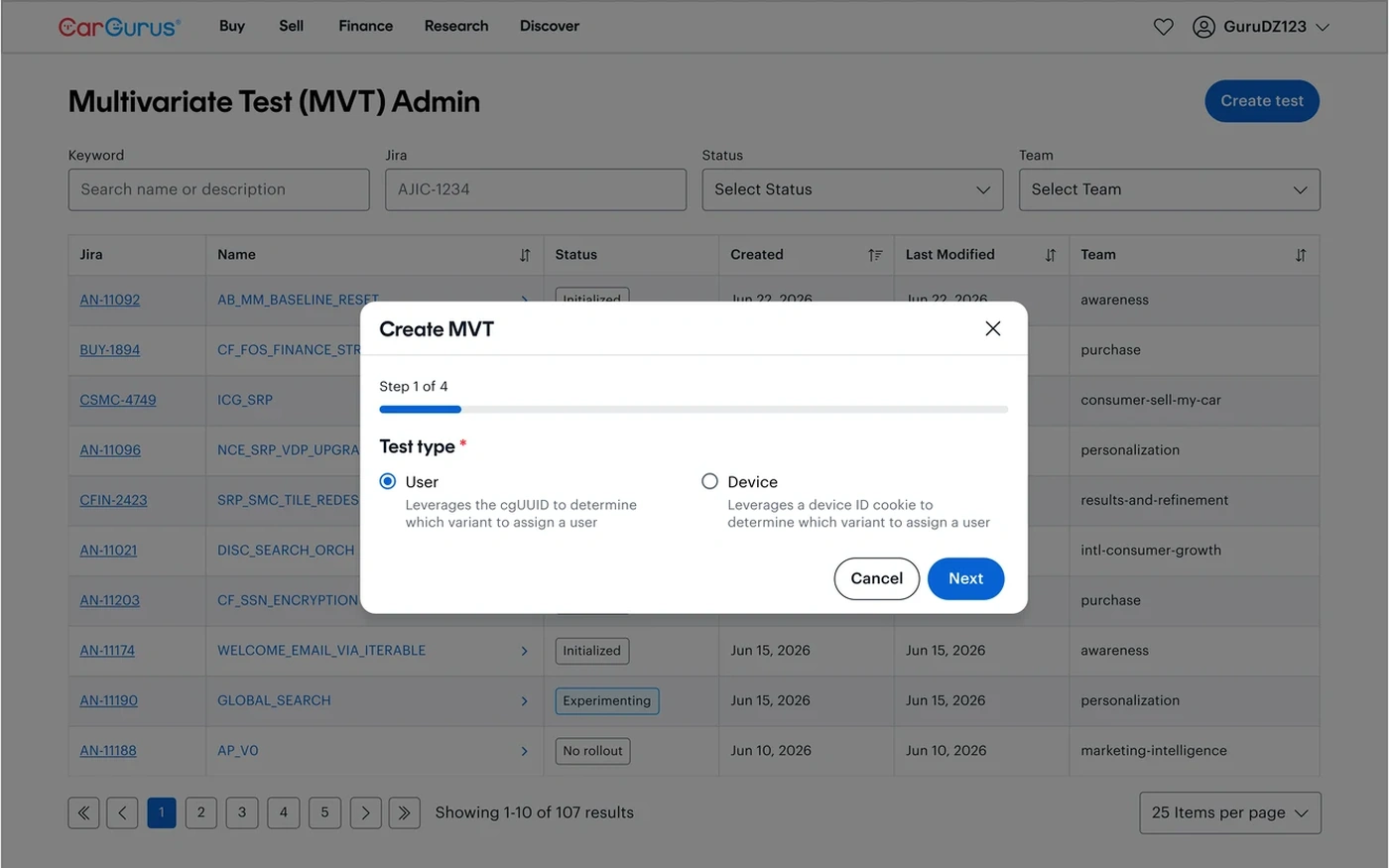 Step 1: choosing a test type