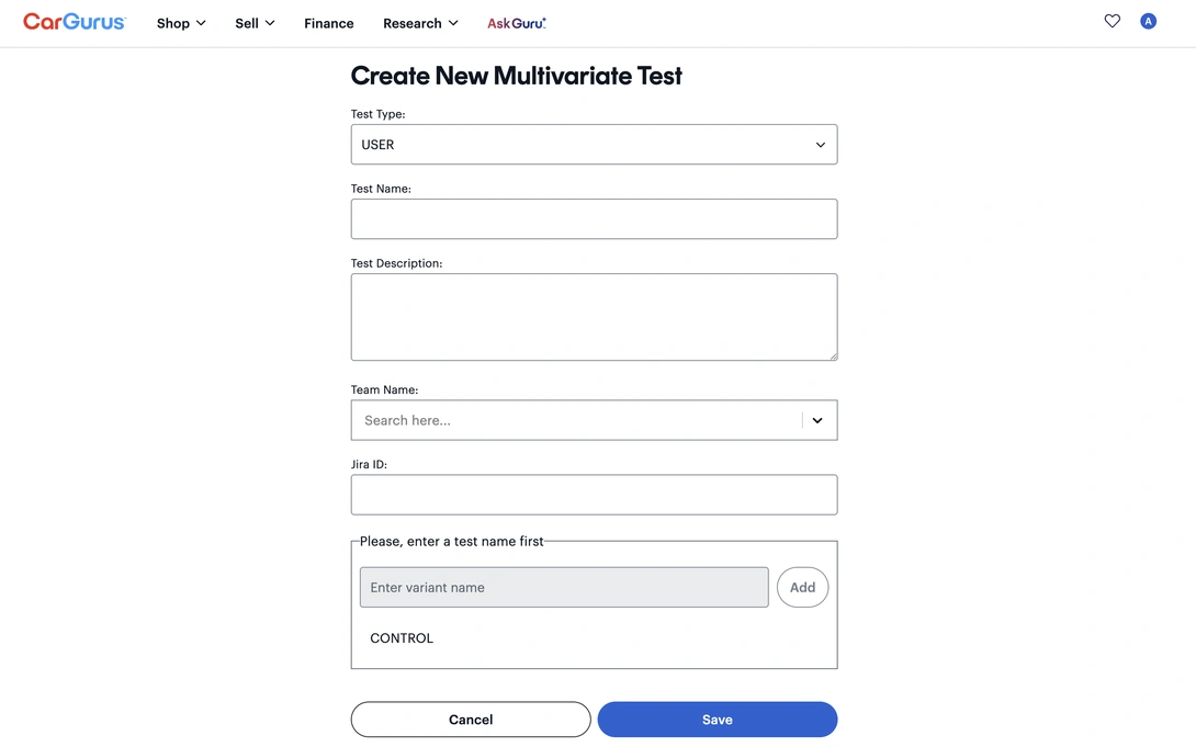 Old single-page form for creating a new test
