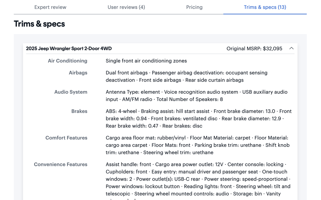 Current live page: trims and specs list