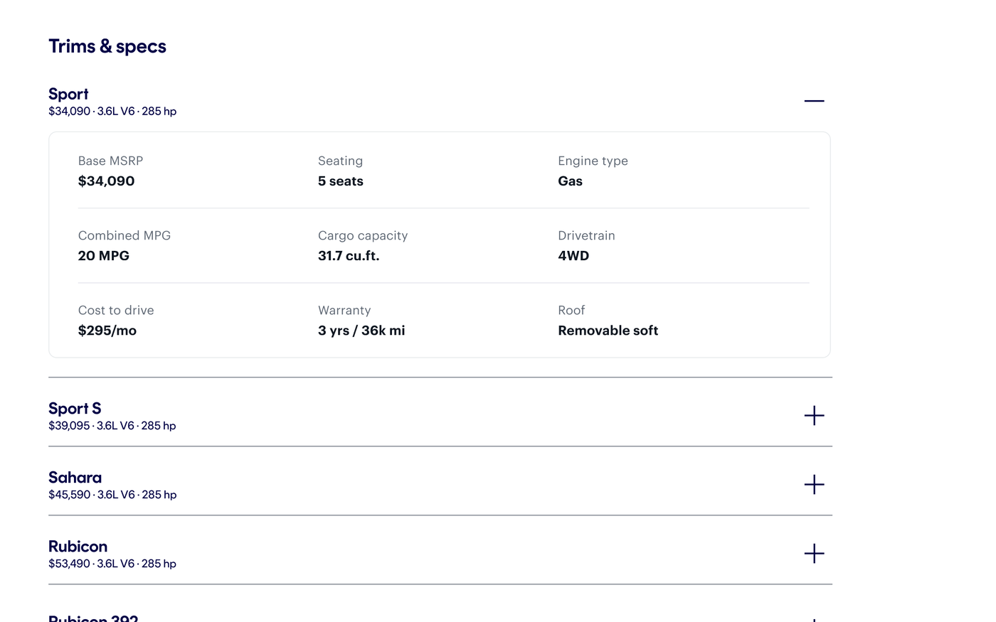 Redesigned expandable trims and specs table